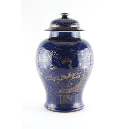 77 - A large Chinese gilt decorated blue ground baluster vase & cover, late 18th / early 19th century, ru... 