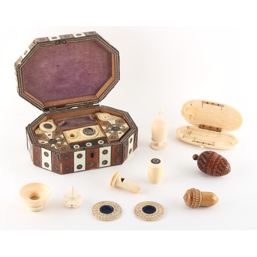 319 - Property of a lady - a 19th century Anglo Indian ivory & sadeli sewing box, with ivory fittings, 7.4... 