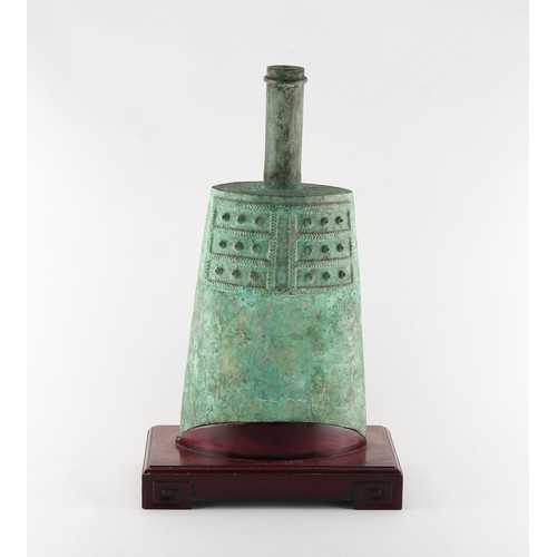 187 - Property of a lady - a large Chinese bronze archaistic temple bell, zhong, on fitted stand, the bron... 