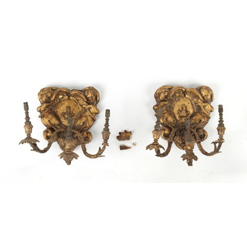 404 - Property of a lady - a pair of late 19th century giltwood & gilt composition triple light wall appli... 