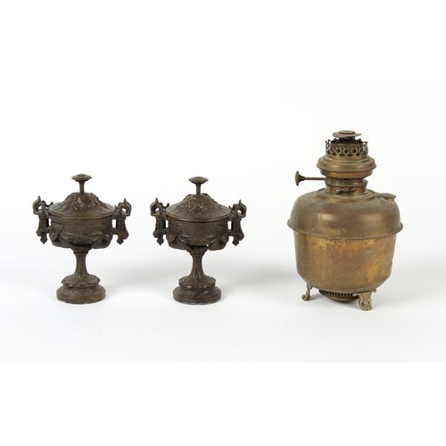 418 - Property of a gentleman - a pair of late 19th / early 20th century French spelter urns & covers, 8.1... 