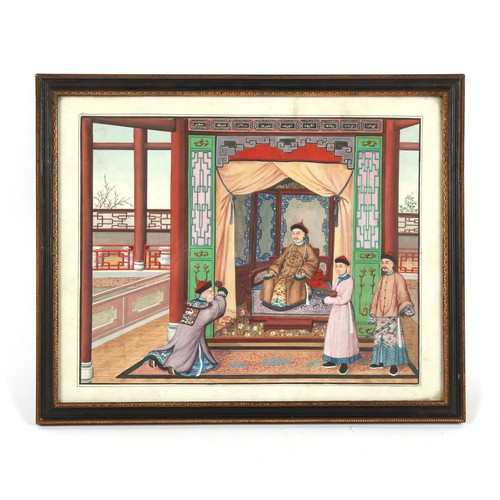 132 - A 19th century Chinese Canton painting on paper depicting a court scene, in glazed Hogarth frame, 16... 