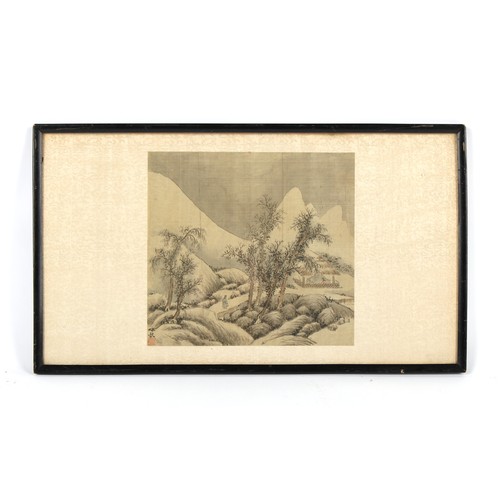 160 - An early 20th century Chinese painting on silk depicting figures in a winter landscape, signed & wit... 