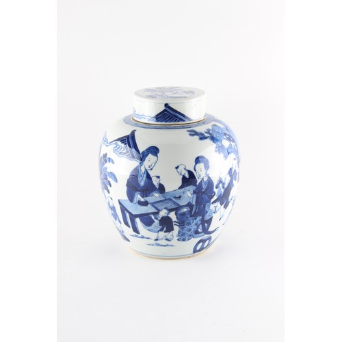 50 - Property of a lady - a 19th century Chinese blue & white ovoid ginger jar & cover, painted with ladi... 