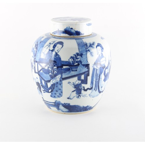 50 - Property of a lady - a 19th century Chinese blue & white ovoid ginger jar & cover, painted with ladi... 