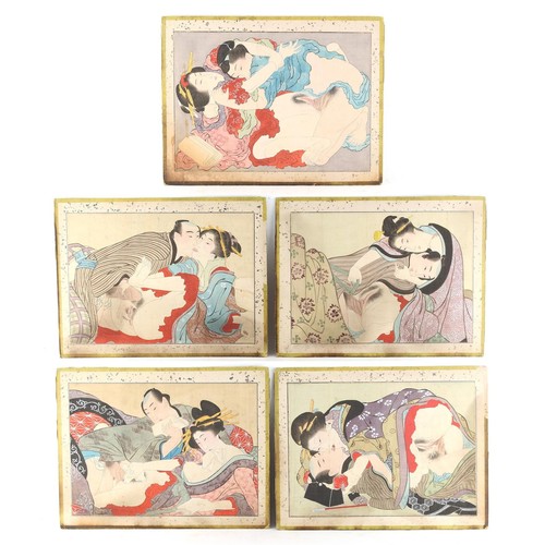 221 - A set of five late 19th / early 20th century Japanese shunga (erotic) woodblock prints, mounted but ... 