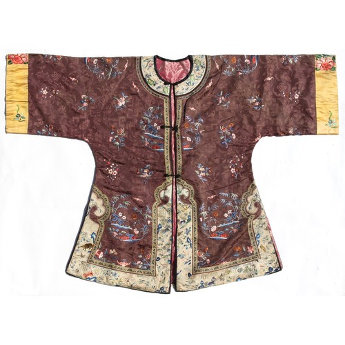 161 - Property of a gentleman - a good late 19th century Chinese embroidered & brocade brown silk short ro... 