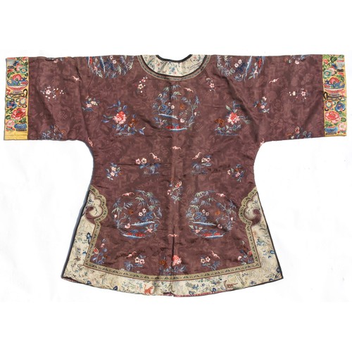 161 - Property of a gentleman - a good late 19th century Chinese embroidered & brocade brown silk short ro... 