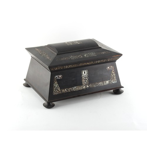 318 - Property of a gentleman - an early Victorian ebonised & mother-of-pearl inlaid sewing casket with fi... 