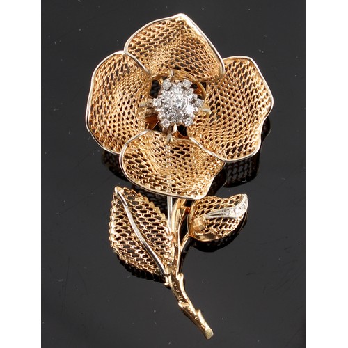 19 - An unusual 18ct yellow gold diamond floral spray brooch, the flowerhead with hinged folding petals s... 