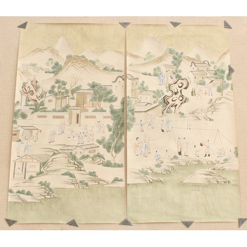 105 - A pair of unframed Chinese scroll paintings on paper depicting acrobats in court landscapes, early 2... 