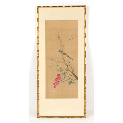 120 - Property of a lady - a kesi silk picture depicting a bird in a blossoming cherry tree with fruit, 20... 