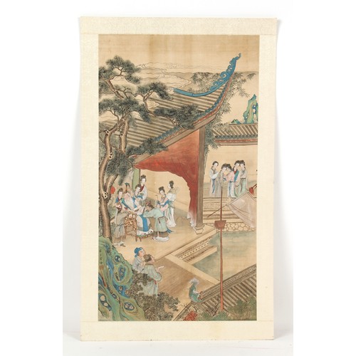 175 - A late 19th / early 20th century Chinese painting on silk depicting a court terrace scene, signed & ... 