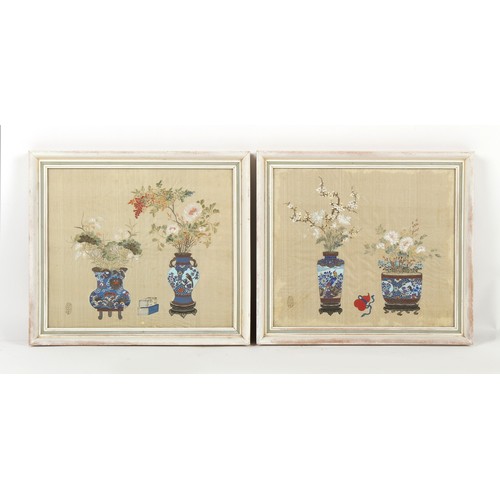 179 - A pair of Chinese paintings on silk depicting flowers in vases, early 20th century Republic period, ... 