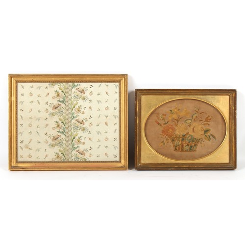 325 - Property of a lady - two 19th century embroidered silk panels, one depicting a basket of flowers, bo... 