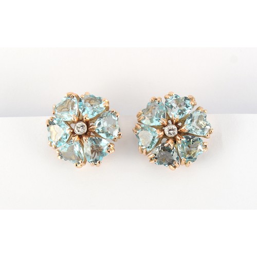 12 - A good pair of aquamarine & diamond flowerhead cluster earrings, each set with six heart shaped cut ... 