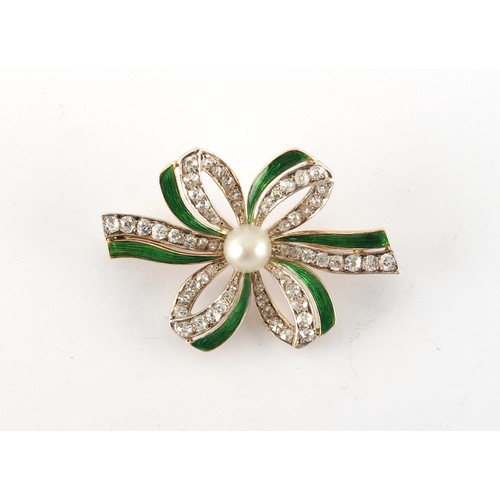 15 - An early 20th century unmarked yellow gold pearl diamond & green enamel ribbon brooch, the old eight... 