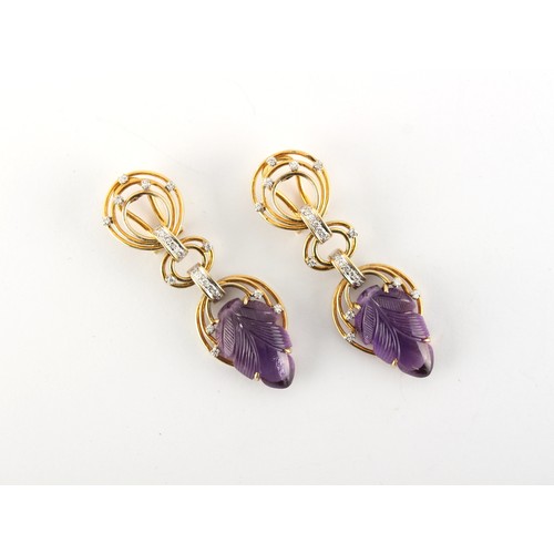 16 - A pair of carved amethyst & diamond pendant earrings, the amethysts carved as leaves, maker's mark A... 