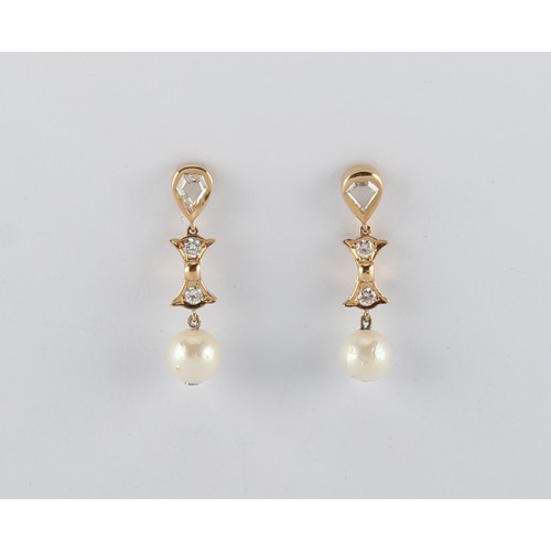 22 - A pair of 18ct yellow gold pearl & diamond earrings, the untested pearls each approximately 8mm diam... 