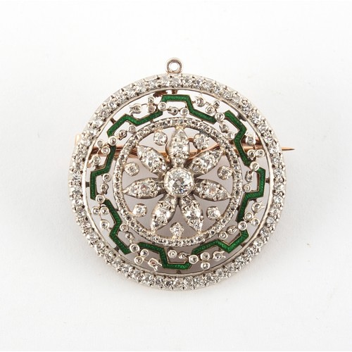 27 - A good late Georgian diamond & green enamel openwork circular brooch, with suspension loop for weari... 