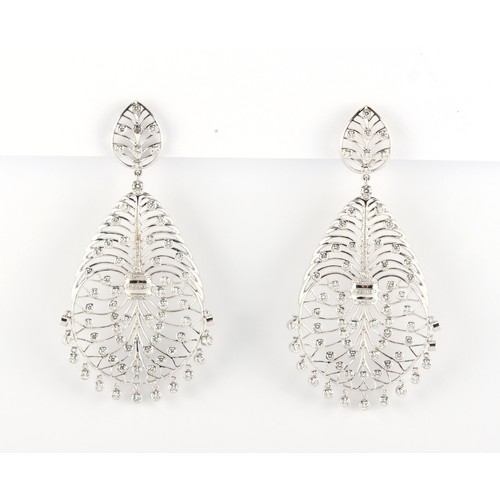 30 - A large pair of 18ct gold diamond openwork earrings, of stylised veined leaf design set with diamond... 