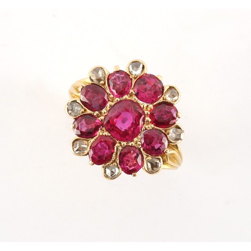 4 - A fine antique ruby & diamond flowerhead cluster ring, set with nine certificated unheated Burmese o... 