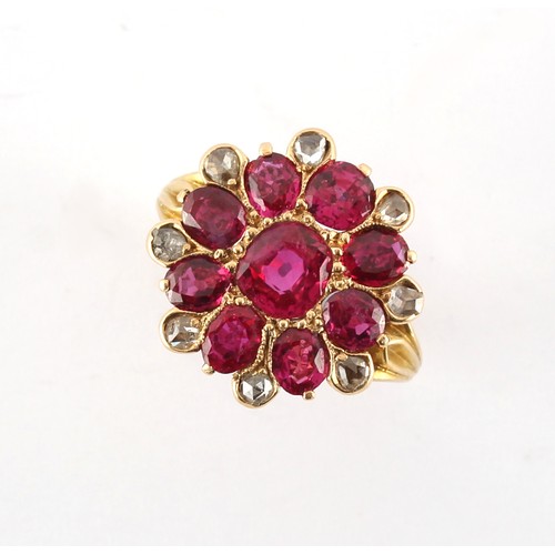 4 - A fine antique ruby & diamond flowerhead cluster ring, set with nine certificated unheated Burmese o... 