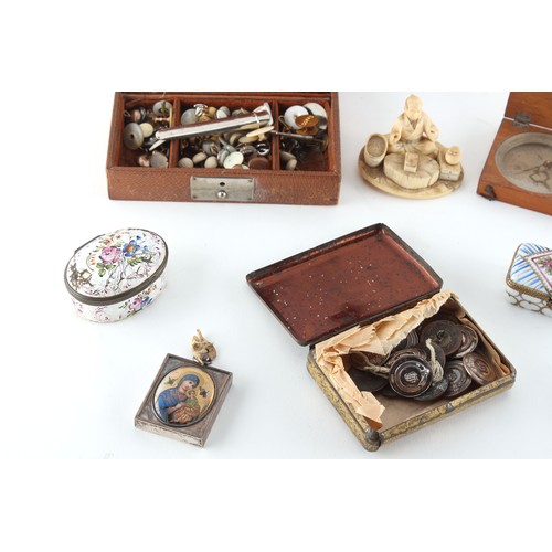 434 - Property of a lady - a box containing assorted items including a damaged Japanese carved ivory okimo... 