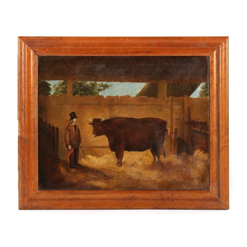 300 - Property of a gentleman - 19th century primitive school - A FARMER AND BULL IN A BARN - oil on canva... 