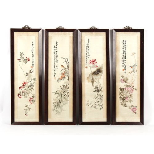 165 - A set of four early 20th century Chinese embroidered silk pictures of birds among flowers, in matchi... 