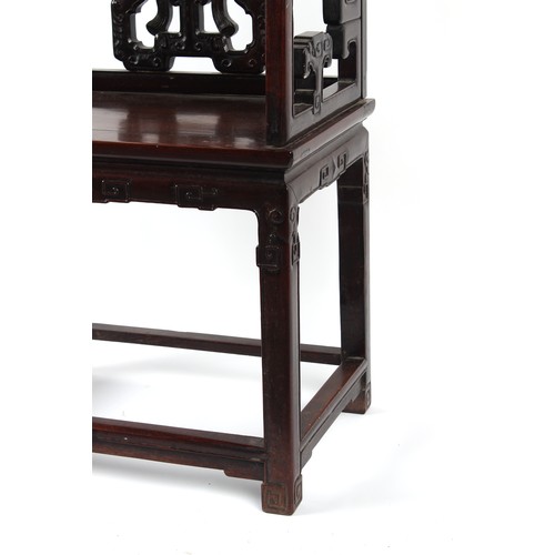 165 - A late 19th century Chinese carved hongmu armchair, with faded old paper label to underside of seat ... 