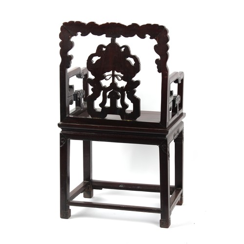 165 - A late 19th century Chinese carved hongmu armchair, with faded old paper label to underside of seat ... 