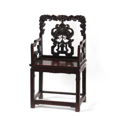 165 - A late 19th century Chinese carved hongmu armchair, with faded old paper label to underside of seat ... 