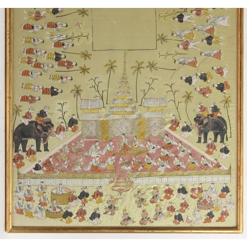 141 - Property of a lady - a large early 20th century Indian painting on silk depicting a procession, in g... 