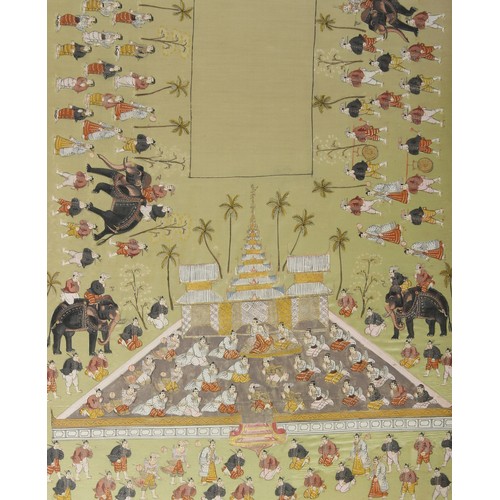 141 - Property of a lady - a large early 20th century Indian painting on silk depicting a procession, in g... 