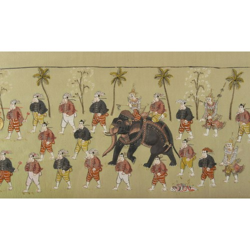 141 - Property of a lady - a large early 20th century Indian painting on silk depicting a procession, in g... 