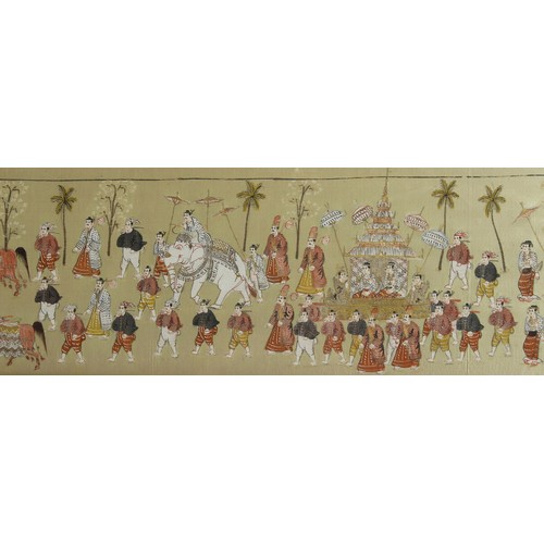 141 - Property of a lady - a large early 20th century Indian painting on silk depicting a procession, in g... 