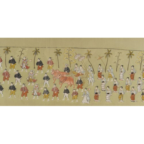 141 - Property of a lady - a large early 20th century Indian painting on silk depicting a procession, in g... 