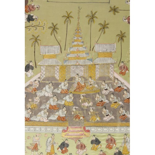 141 - Property of a lady - a large early 20th century Indian painting on silk depicting a procession, in g... 