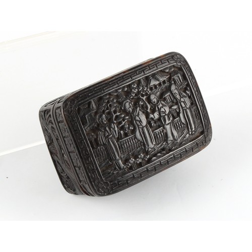 173 - A 19th century Chinese Canton carved tortoiseshell rectangular box, the cover depicting figures on a... 