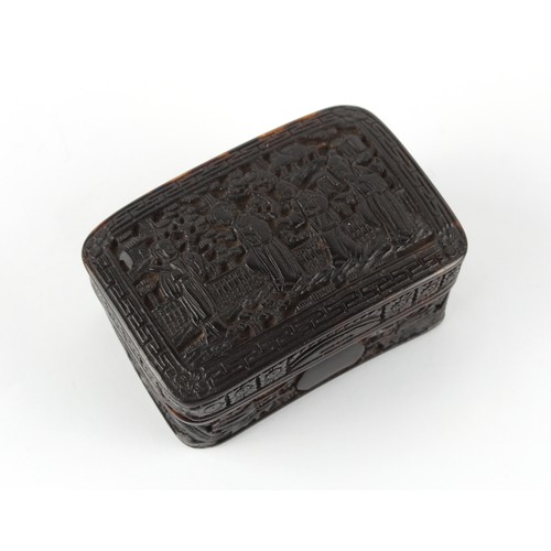 173 - A 19th century Chinese Canton carved tortoiseshell rectangular box, the cover depicting figures on a... 