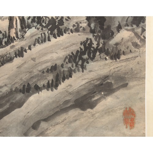 179 - A Chinese scroll painting on paper depicting figures in a mountainous river landscape, signed with c... 