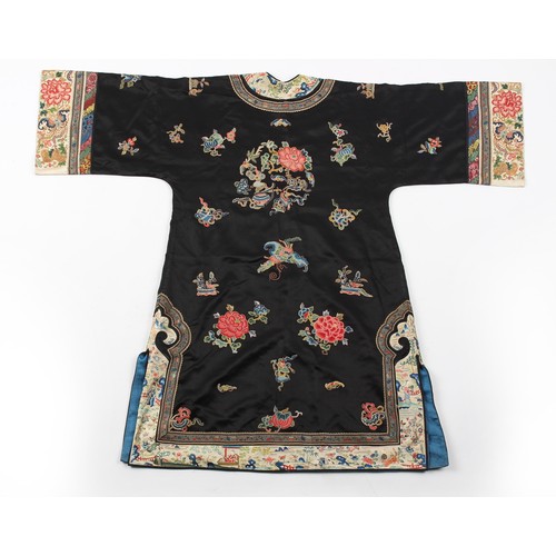 196 - A Chinese embroidered silk robe, late 19th / early 20th century, with navy ground.