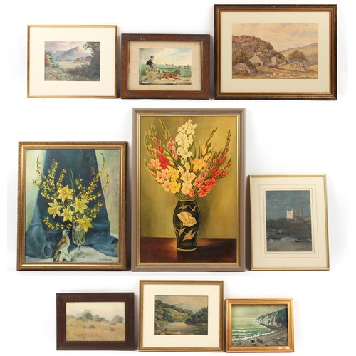 218 - Property of a deceased estate - a group of nine assorted framed oils & watercolours including works ... 