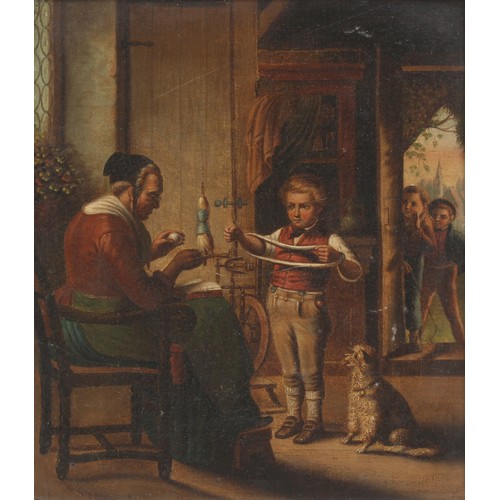 104 - Property of a gentleman - Continental school, 19th century - AN INTERIOR SCENE WITH A BOY HELPING A ... 