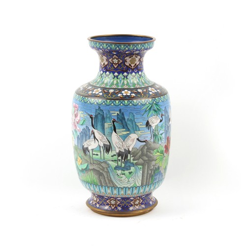 148 - A large Japanese cloisonne vase decorated with red crowned cranes in a landscape, second half 20th c... 