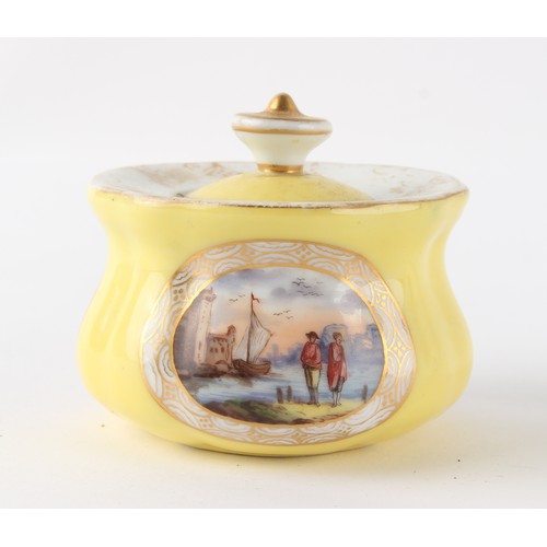 15 - Property of a gentleman - a late 19th century Dresden style yellow ground inkwell on stand, painted ... 