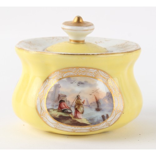 15 - Property of a gentleman - a late 19th century Dresden style yellow ground inkwell on stand, painted ... 