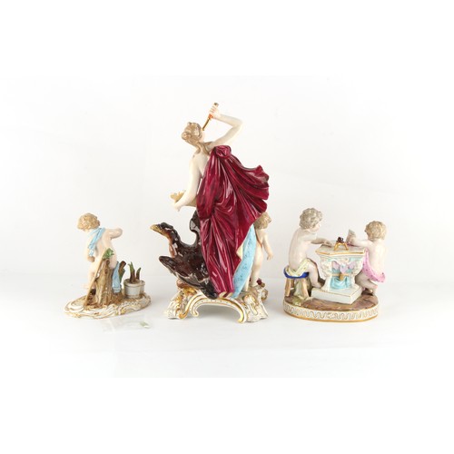 55 - Three 19th century Meissen porcelain figures including a figure of Venus holding a telescope, emblem... 