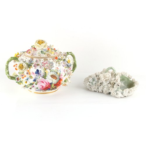 21 - A large mid 19th century Minton floral encrusted porcelain covered sugar basin, painted with a view ... 